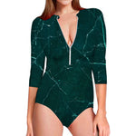 Dark Green Marble Print Long Sleeve Swimsuit