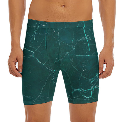 Dark Green Marble Print Men's Long Boxer Briefs