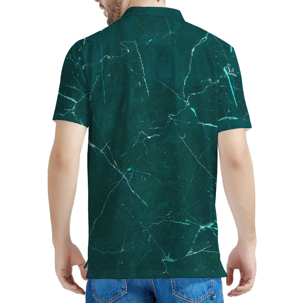 Dark Green Marble Print Men's Polo Shirt