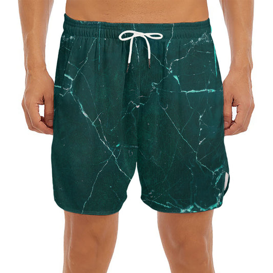 Dark Green Marble Print Men's Split Running Shorts