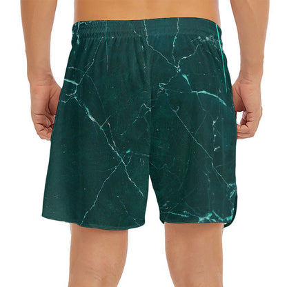 Dark Green Marble Print Men's Split Running Shorts