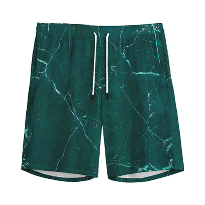 Dark Green Marble Print Men's Sports Shorts