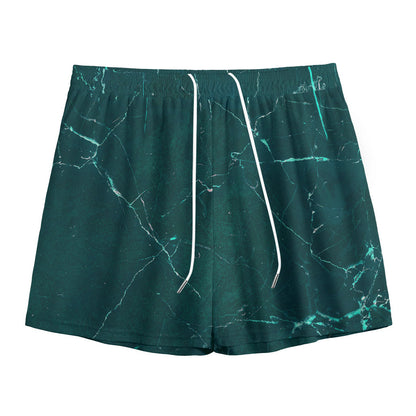 Dark Green Marble Print Mesh Shorts