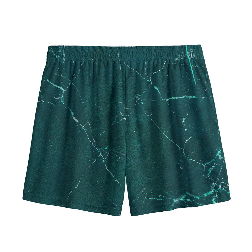 Dark Green Marble Print Mesh Shorts