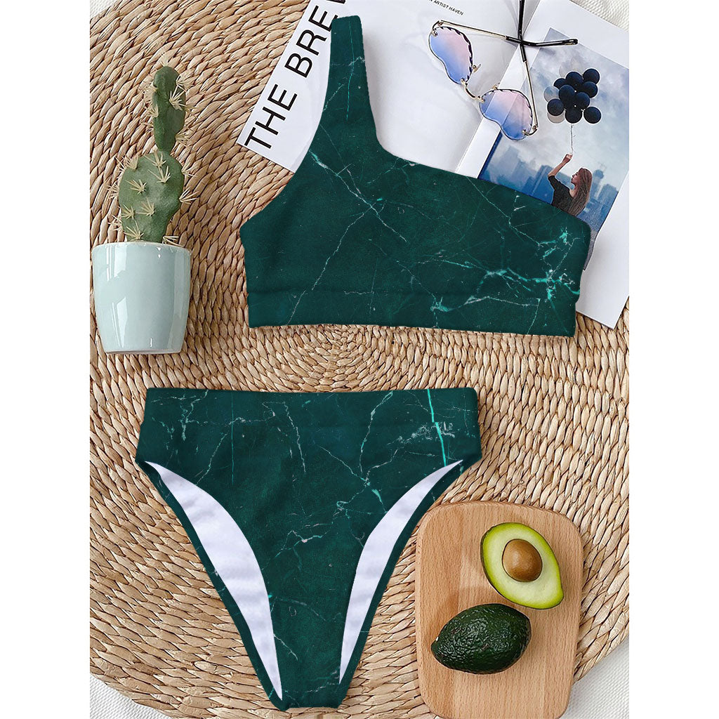 Dark Green Marble Print One Shoulder Bikini Top
