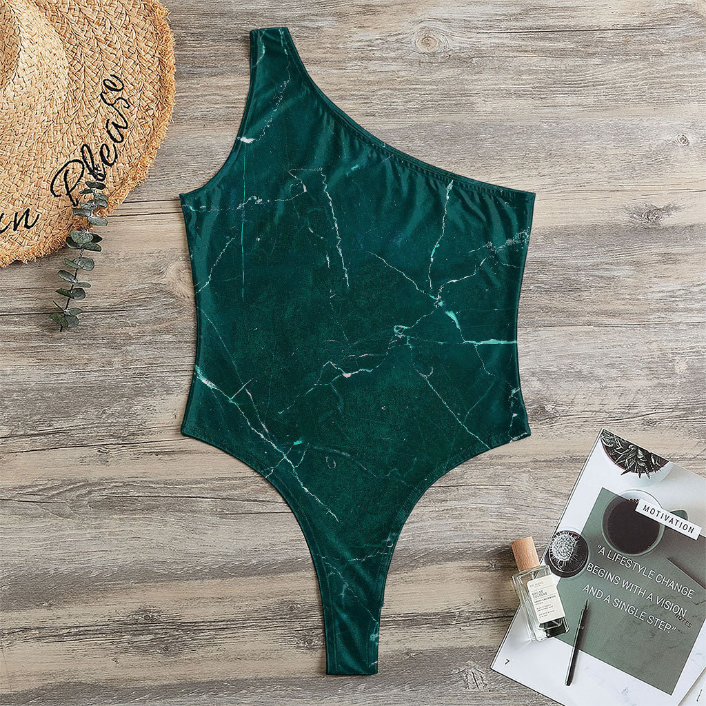 Dark Green Marble Print One Shoulder Bodysuit