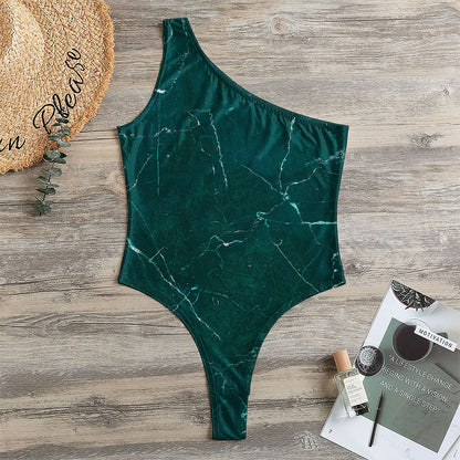 Dark Green Marble Print One Shoulder Bodysuit