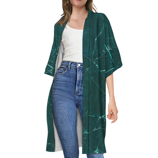 Dark Green Marble Print Open Front Beach Cover Up