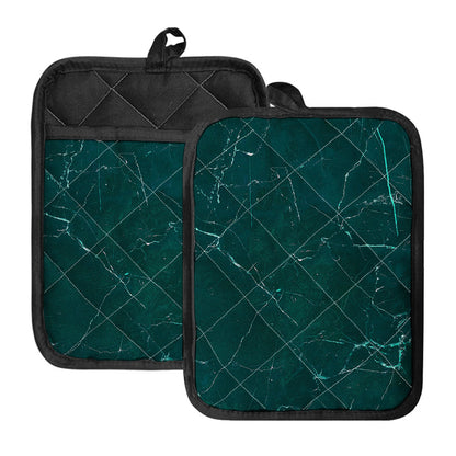 Dark Green Marble Print Pot Holders With Pocket
