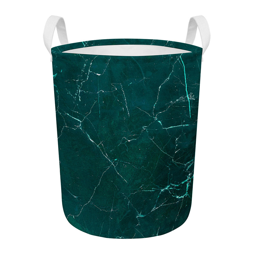Dark Green Marble Print Round Laundry Basket