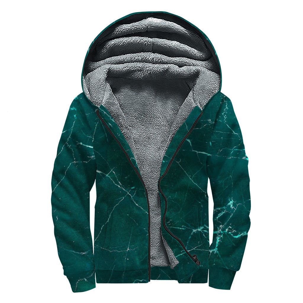 Dark Green Marble Print Sherpa Lined Zip Up Hoodie