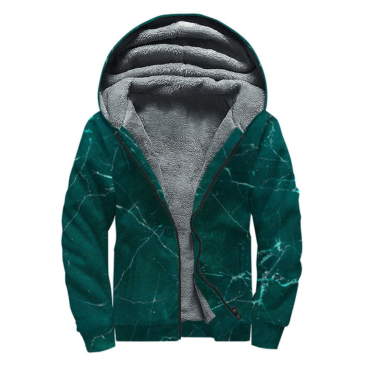 Dark Green Marble Print Sherpa Lined Zip Up Hoodie