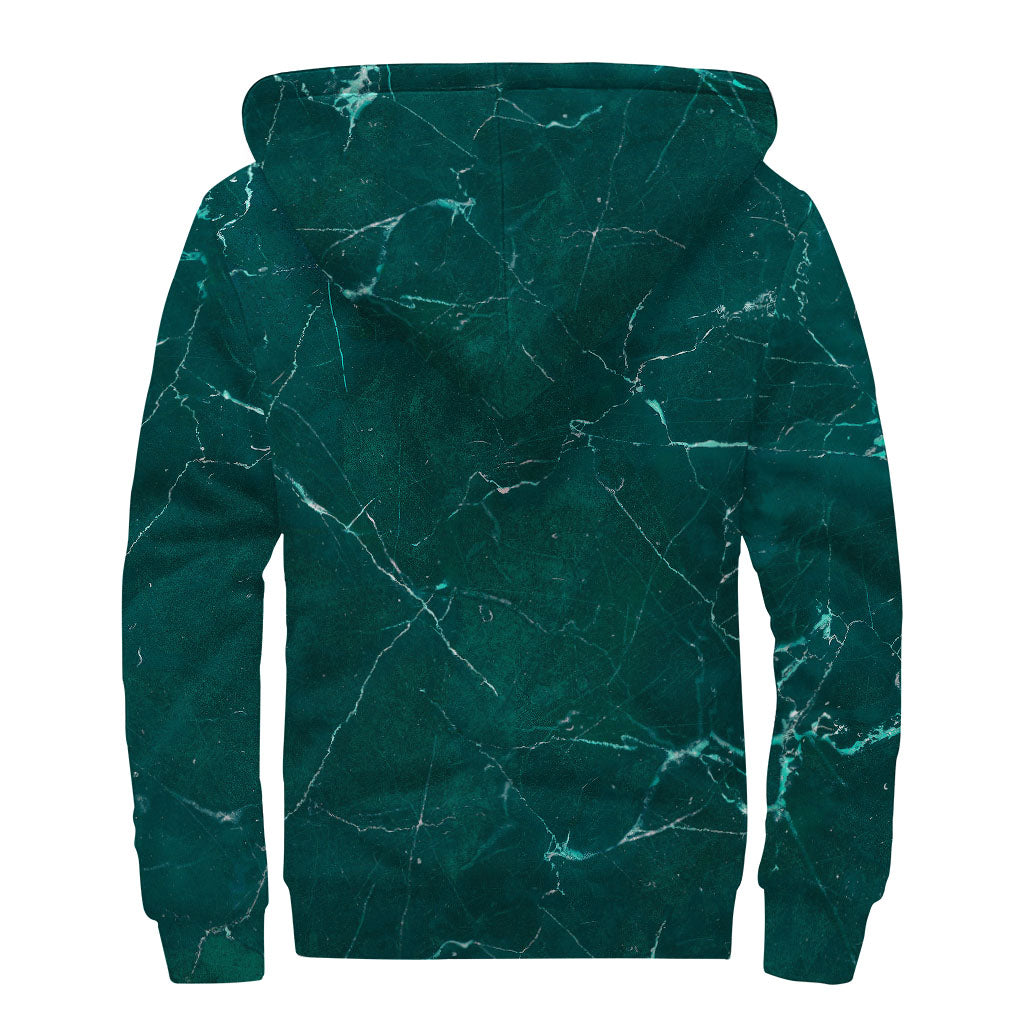Dark Green Marble Print Sherpa Lined Zip Up Hoodie