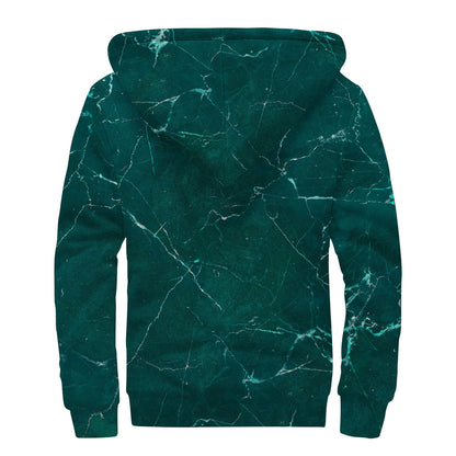 Dark Green Marble Print Sherpa Lined Zip Up Hoodie