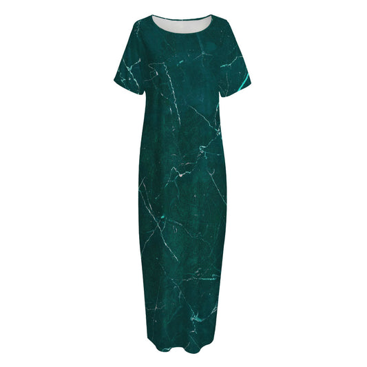 Dark Green Marble Print Short Sleeve Long Nightdress