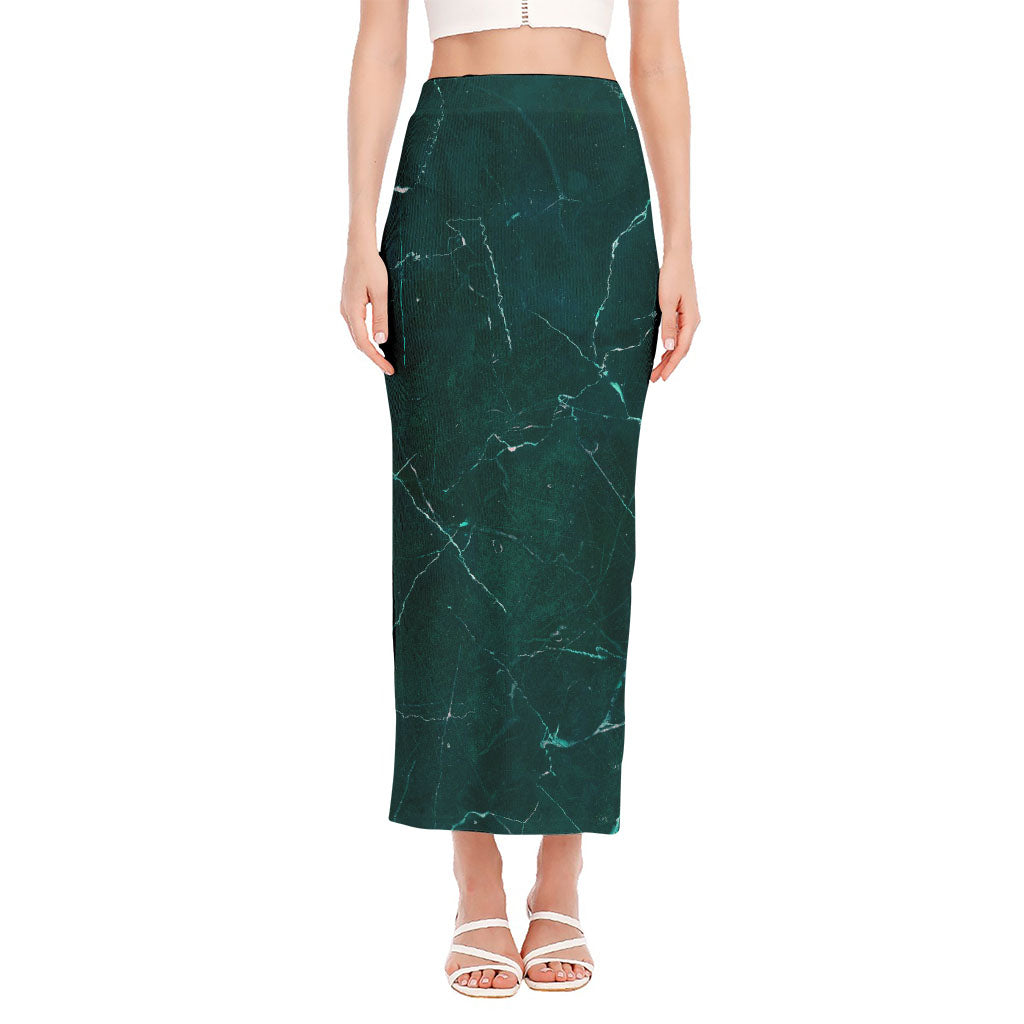 Dark Green Marble Print Side Slit Maxi Skirt