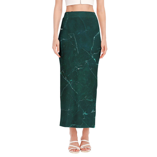 Dark Green Marble Print Side Slit Maxi Skirt