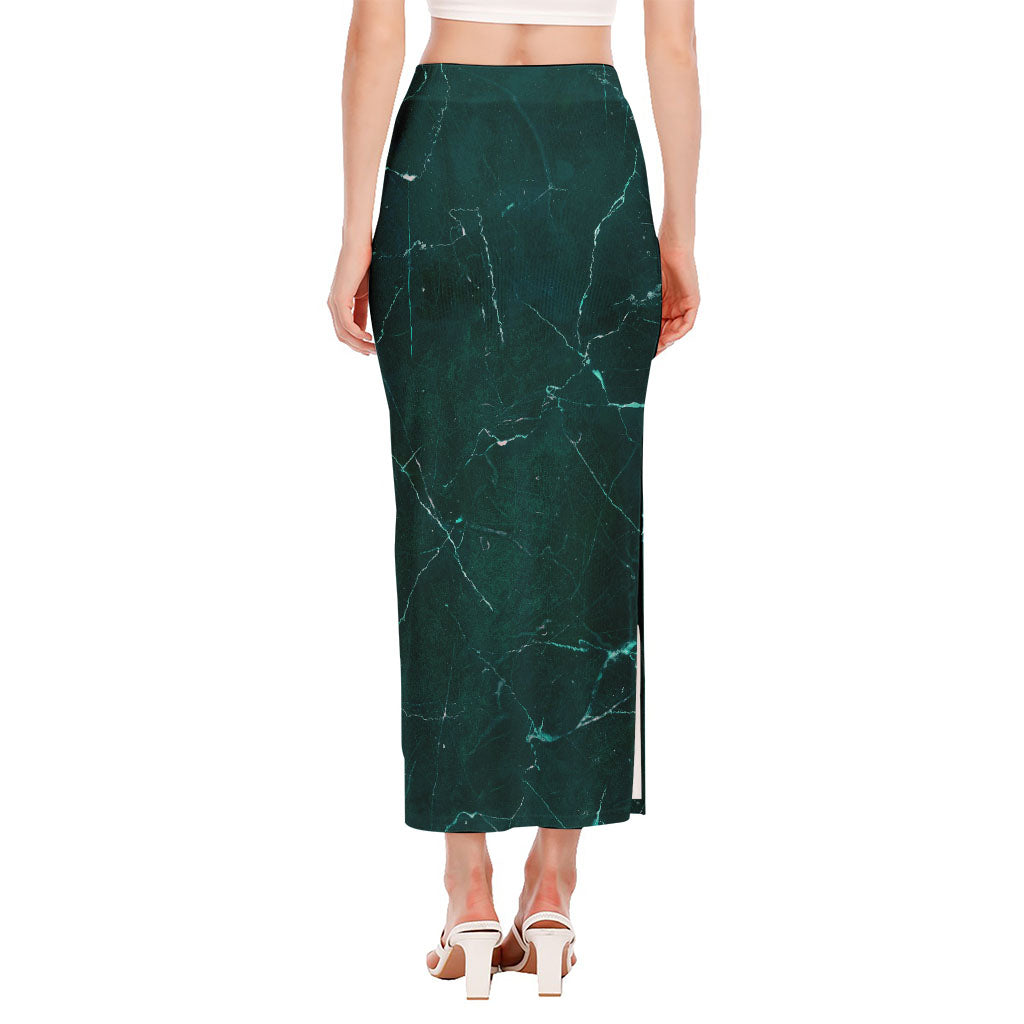 Dark Green Marble Print Side Slit Maxi Skirt