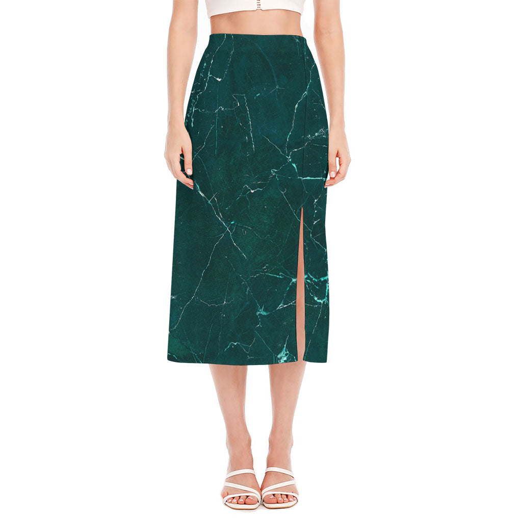 Dark Green Marble Print Side Slit Midi Skirt