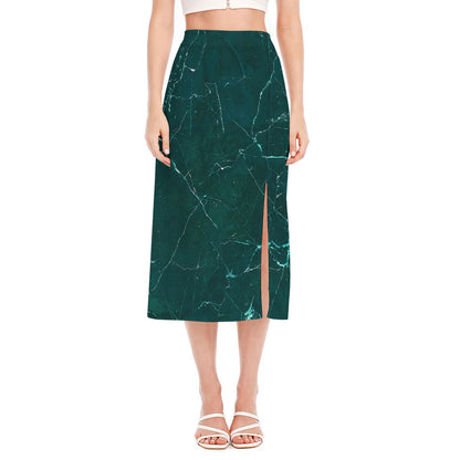 Dark Green Marble Print Side Slit Midi Skirt