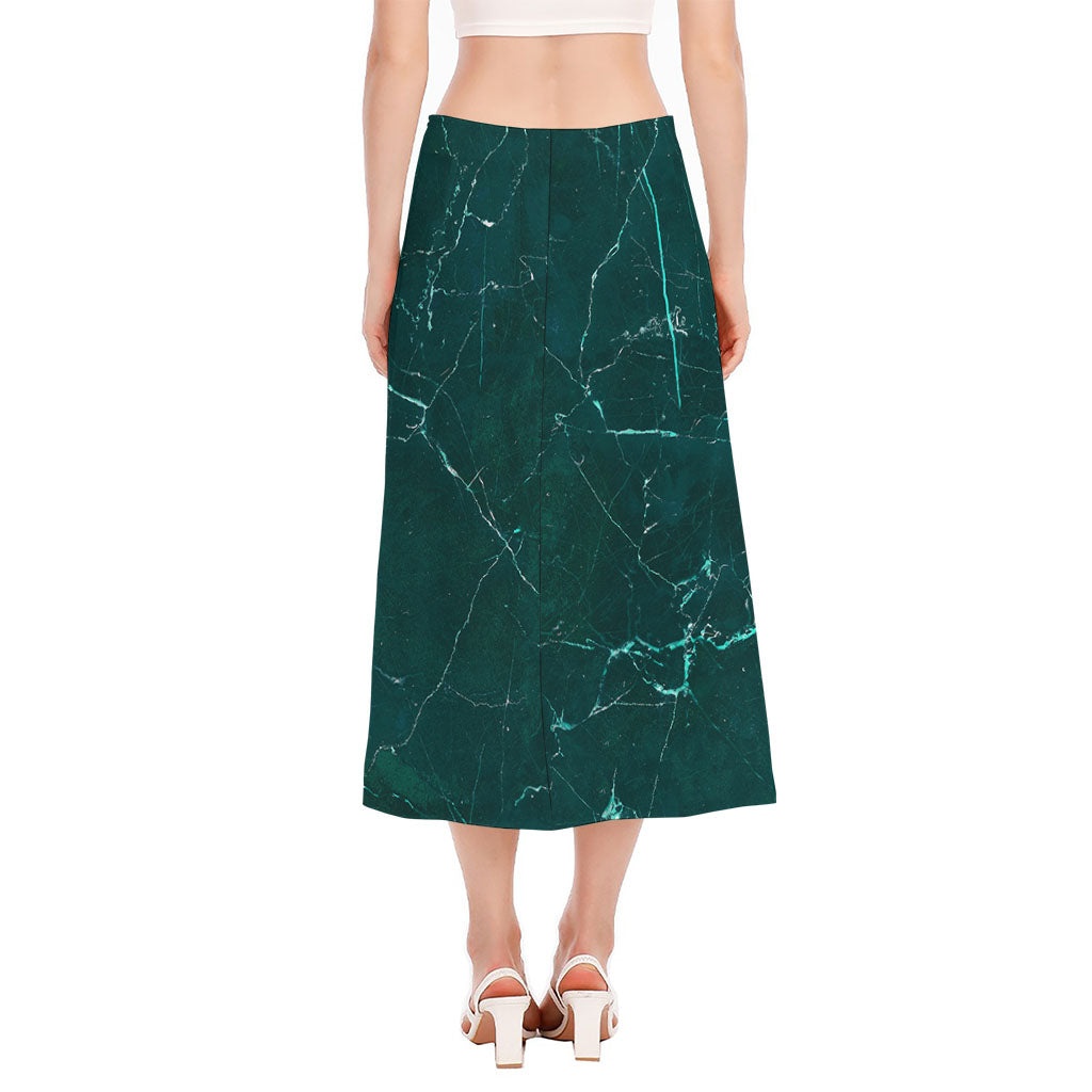 Dark Green Marble Print Side Slit Midi Skirt