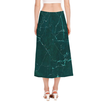 Dark Green Marble Print Side Slit Midi Skirt