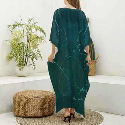 Dark Green Marble Print Silk V-Neck Kaftan Dress