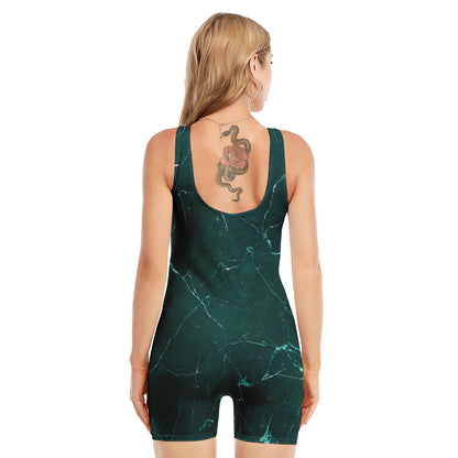 Dark Green Marble Print Sleeveless One Piece Swimsuit