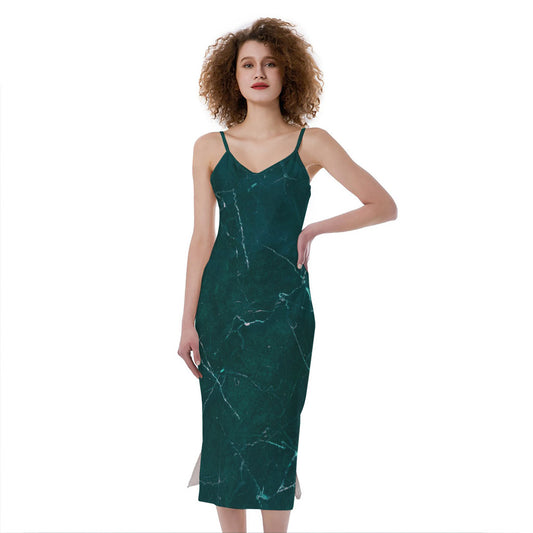 Dark Green Marble Print Slim Fit Midi Cami Dress