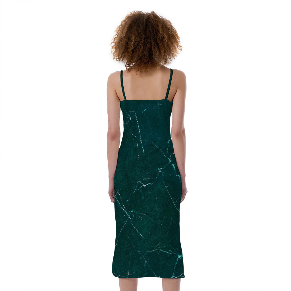 Dark Green Marble Print Slim Fit Midi Cami Dress