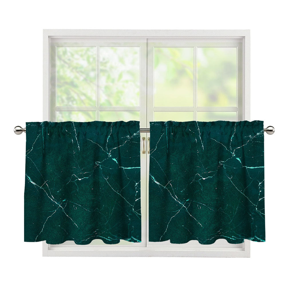 Dark Green Marble Print Tier Curtains