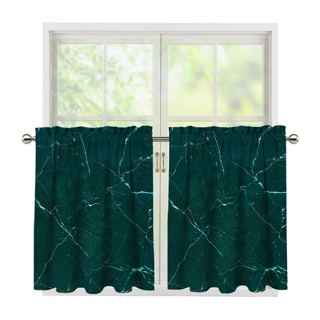 Dark Green Marble Print Tier Curtains