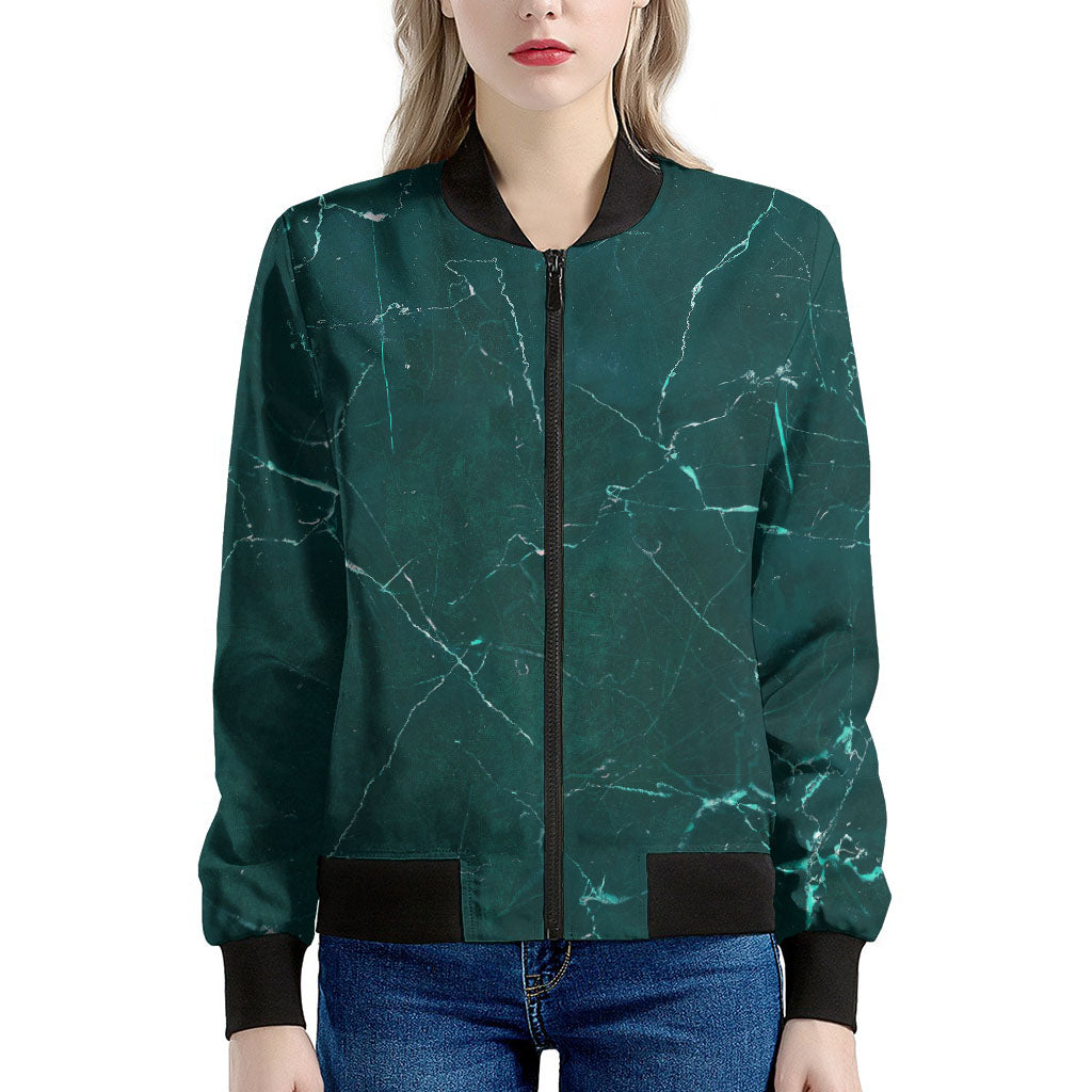 Dark Green Marble Print Women's Bomber Jacket