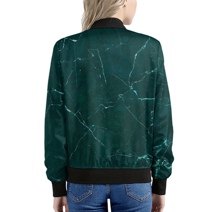 Dark Green Marble Print Women's Bomber Jacket
