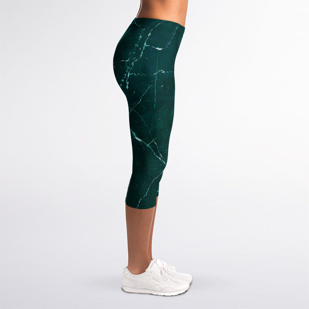 Dark Green Marble Print Women's Capri Leggings