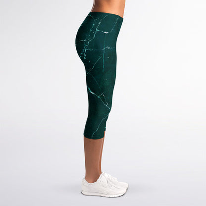 Dark Green Marble Print Women's Capri Leggings