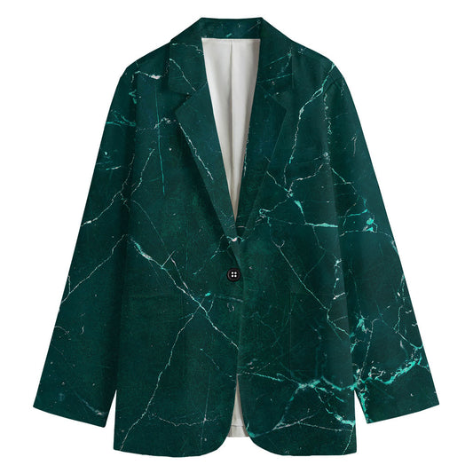 Dark Green Marble Print Women's Cotton Blazer