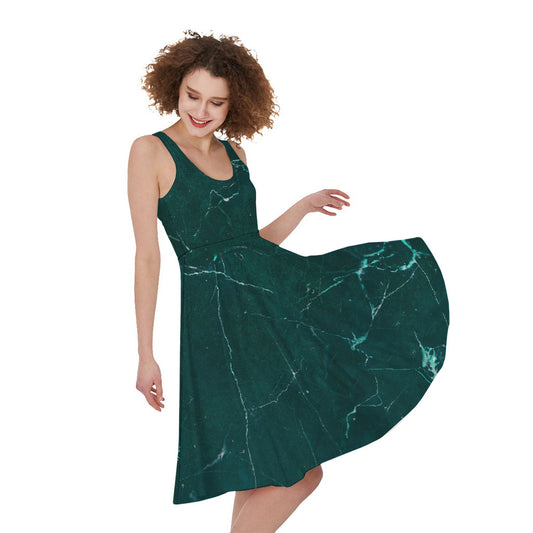 Dark Green Marble Print Women's Sleeveless Dress