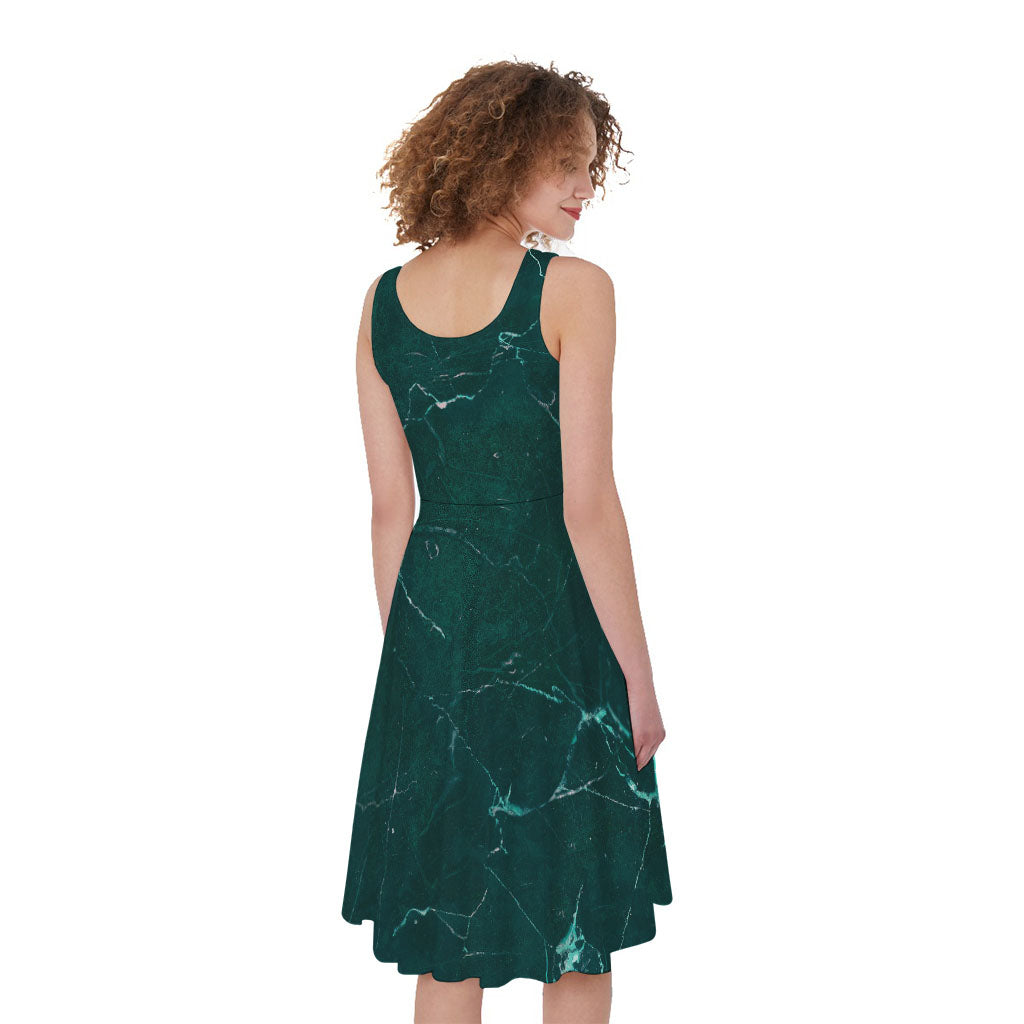 green emerald velvet dress Dark Green Marble Print Sleeveless Knee Length Dress
