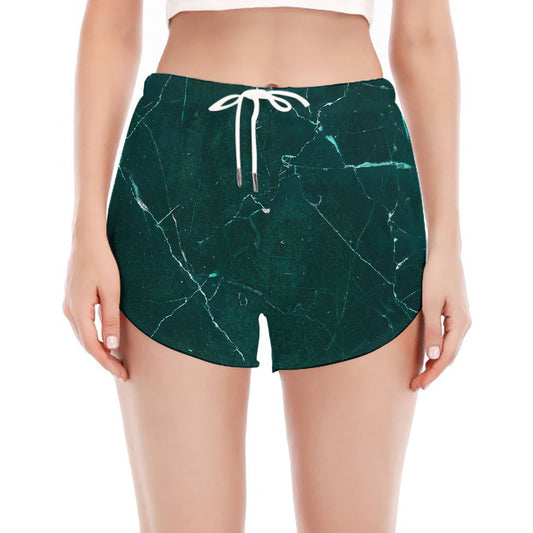 Dark Green Marble Print Women's Split Running Shorts