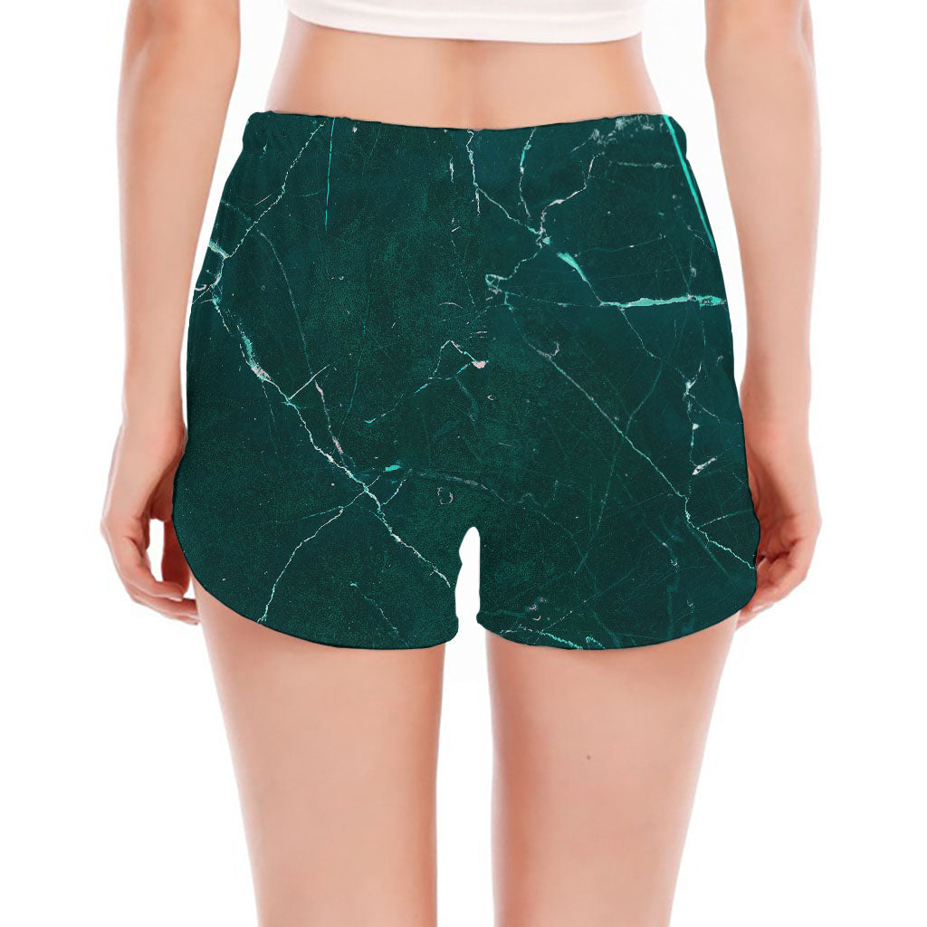 Dark Green Marble Print Women's Split Running Shorts