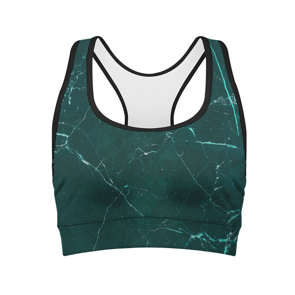 Dark Green Marble Print Women's Sports Bra