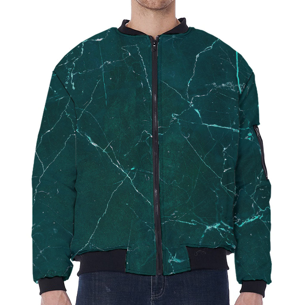 Dark Green Marble Print Zip Sleeve Bomber Jacket