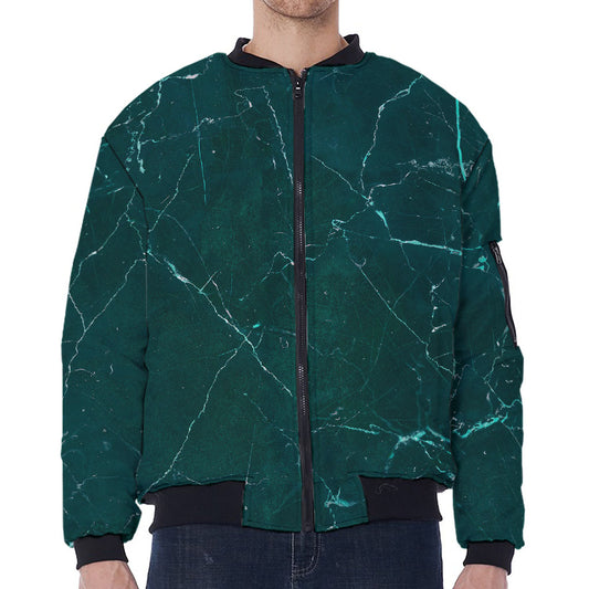 Dark Green Marble Print Zip Sleeve Bomber Jacket