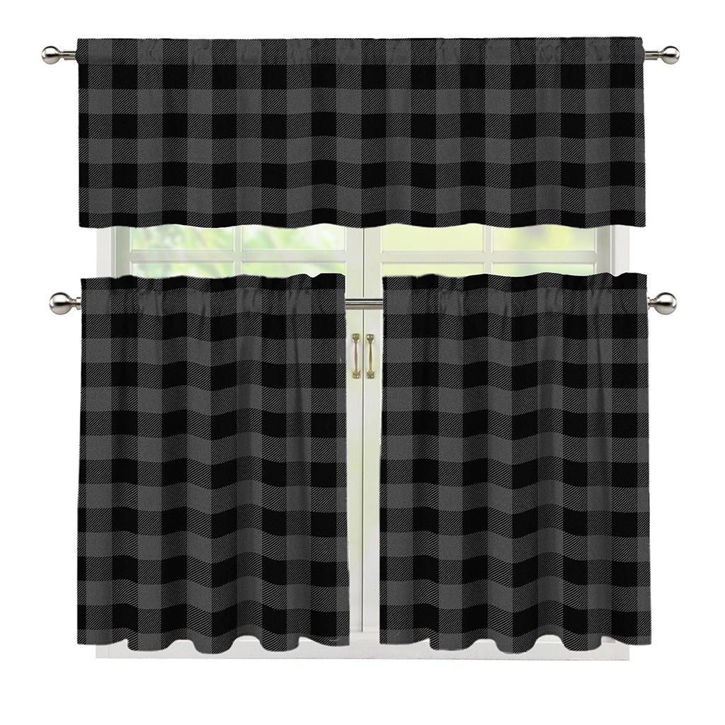 Dark Grey And Black Buffalo Check Print 3 Piece Kitchen Curtains