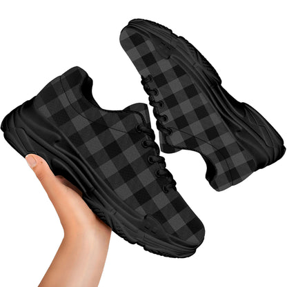 Dark Grey And Black Buffalo Check Print Black Chunky Shoes