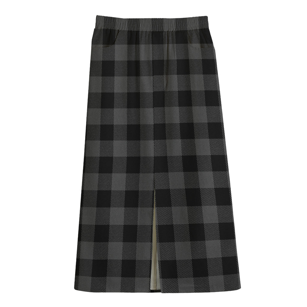 Dark Grey And Black Buffalo Check Print Cotton Front Slit Maxi Skirt