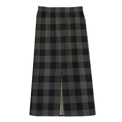 Dark Grey And Black Buffalo Check Print Cotton Front Slit Maxi Skirt