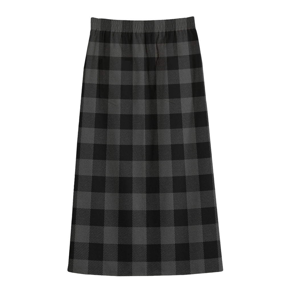 Dark Grey And Black Buffalo Check Print Cotton Front Slit Maxi Skirt