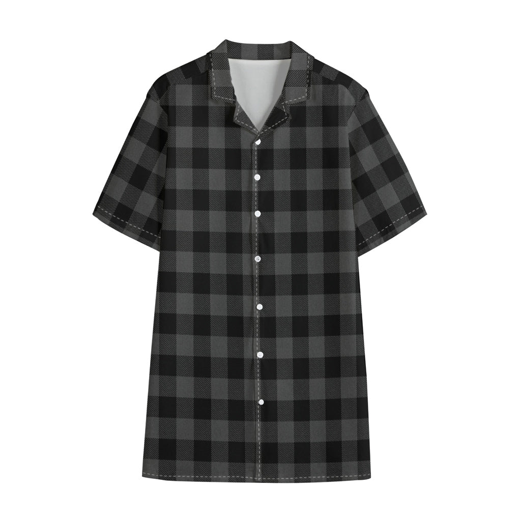 Dark Grey And Black Buffalo Check Print Cotton Hawaiian Shirt